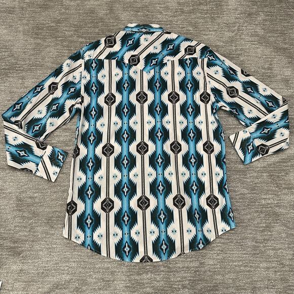 Rock & Roll Cowboy Shirt Mens XL Blue Black White Aztec Pearl Snap Western Retro - Picture 5 of 12